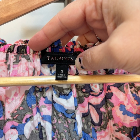 Talbots Pink Blue Abstract Blouse Small Floral 100% Rayon Elastic 3/4 Travel - Picture 2 of 10